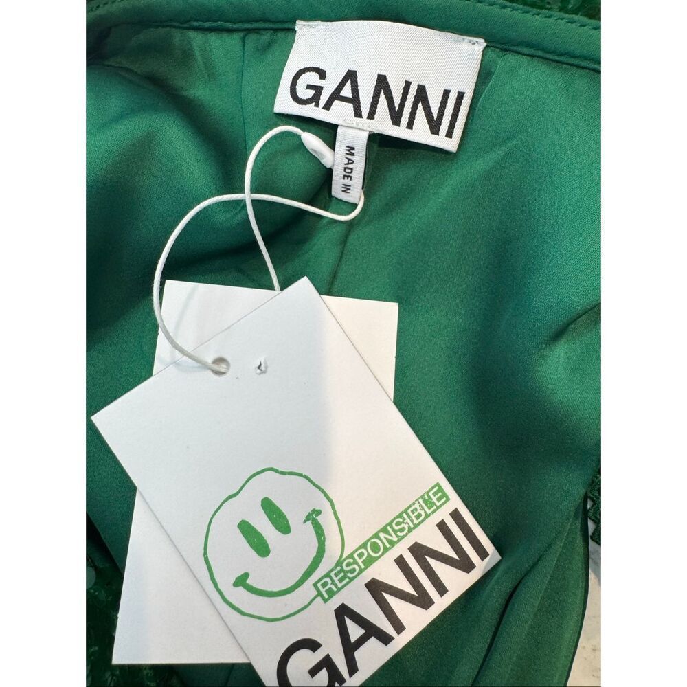 NWT Ganni Kelly Green Sequin Halter Midi Dress Ruched Jewel Button Party 36 US 4 - Picture 9 of 10
